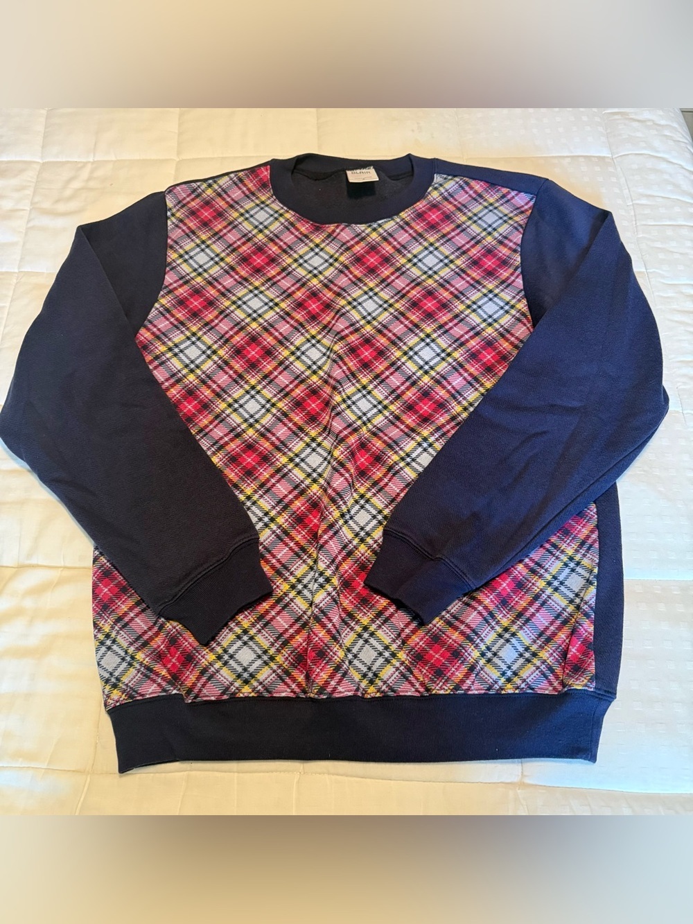 Blair Plaid Sweatshirt Small Navy Pink Tartan Crewneck Cotton Blend